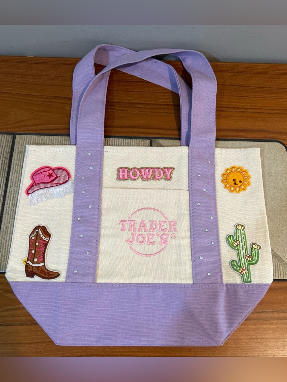 Upcycled Trader Joe's Lavender Trim Canvas Tote - 'Howdy' Patch Design - Picture 1 of 5